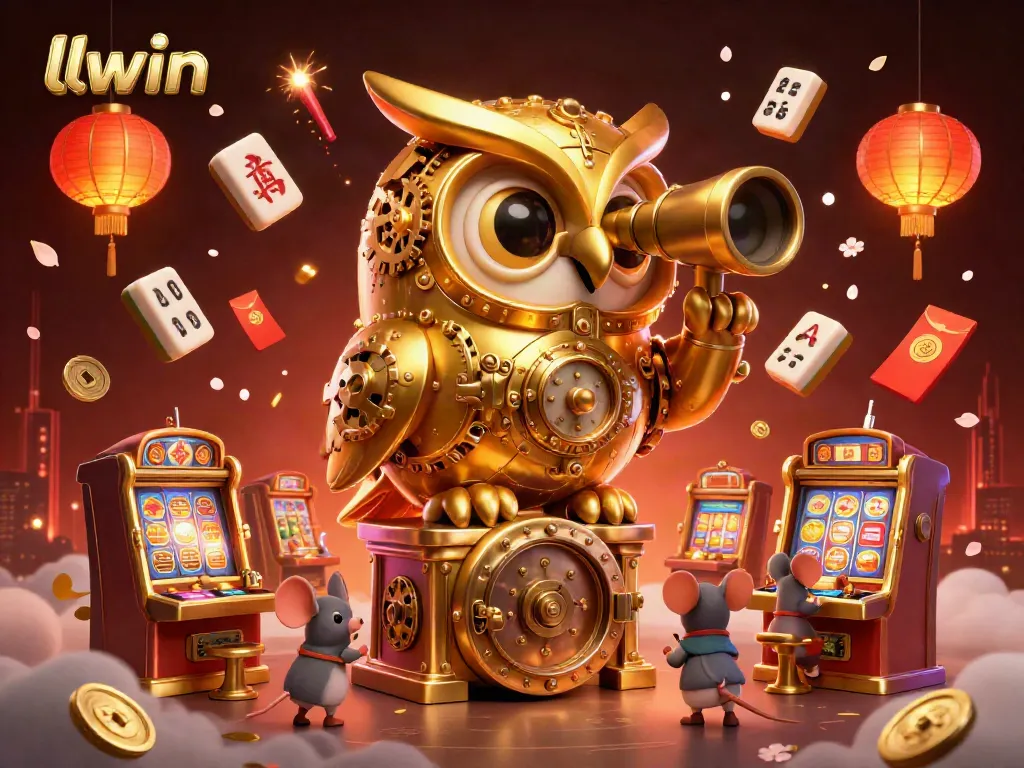 Experience the vibrant llwin casino scene with an animated owl and playful mice among charming game elements.