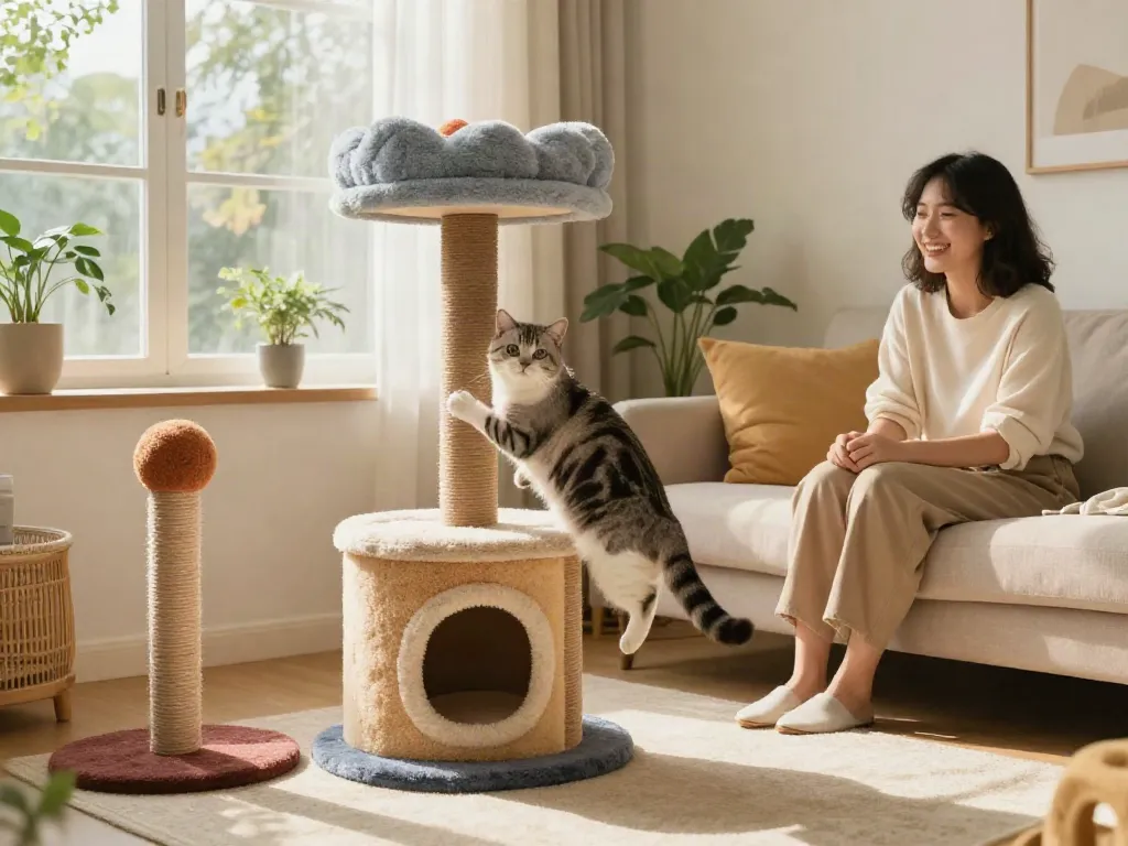 Cat tower integrated into a stylish living room, with a playful cat and cheerful owner.