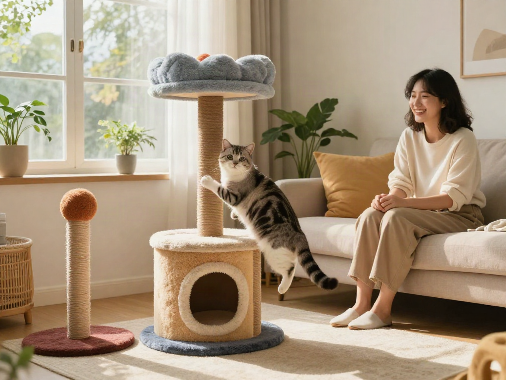 Cat tower integrated into a stylish living room, with a playful cat and cheerful owner.