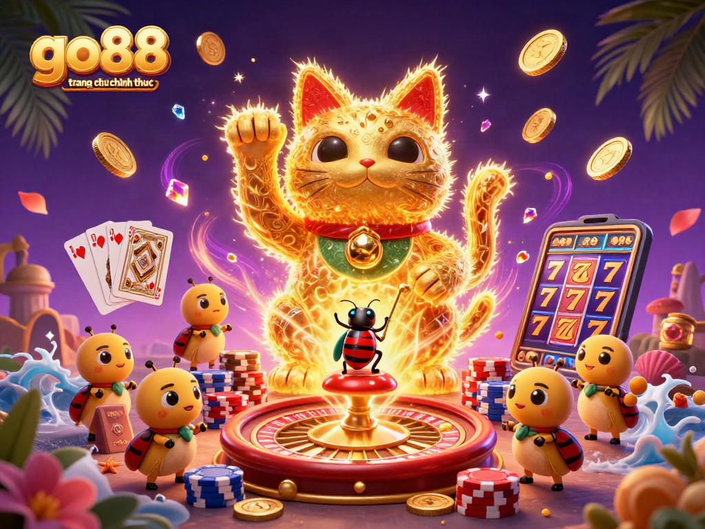 Win big with go88 trang chu chinh thuc featuring a lively lucky cat formed by fireflies amidst vibrant casino symbols.