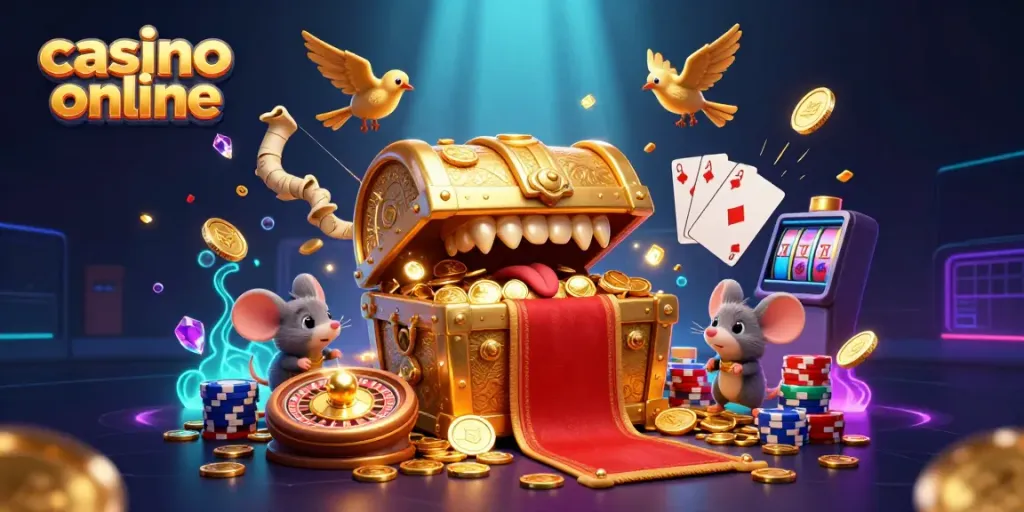 Experience casino online thrills with animated mice and sparkling treasures in a vibrant illustration.