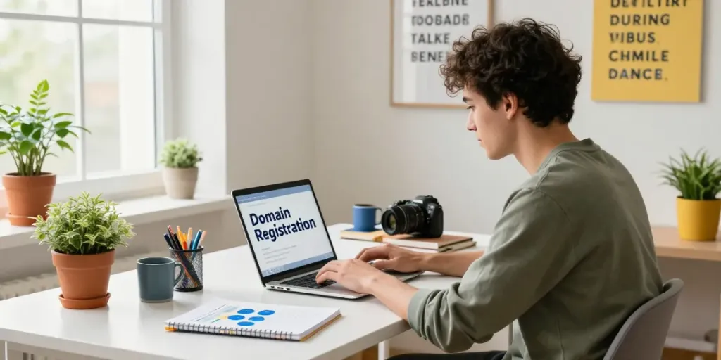 Buy .uk domain registration in a modern home office setting.