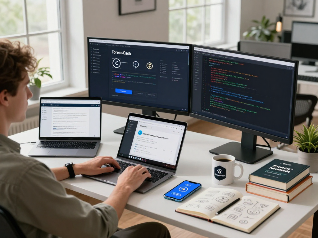 Modern workspace showcasing Tornado Cash for cryptocurrency privacy, with dual screens and innovative tech elements.