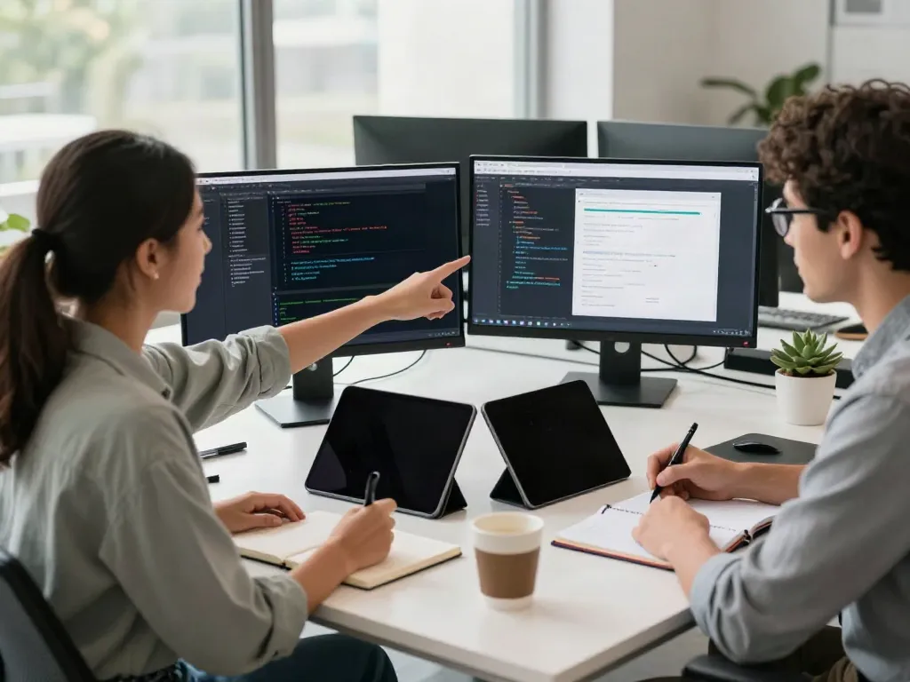 Developers engaged in instant indexing project discussions at a modern tech office.