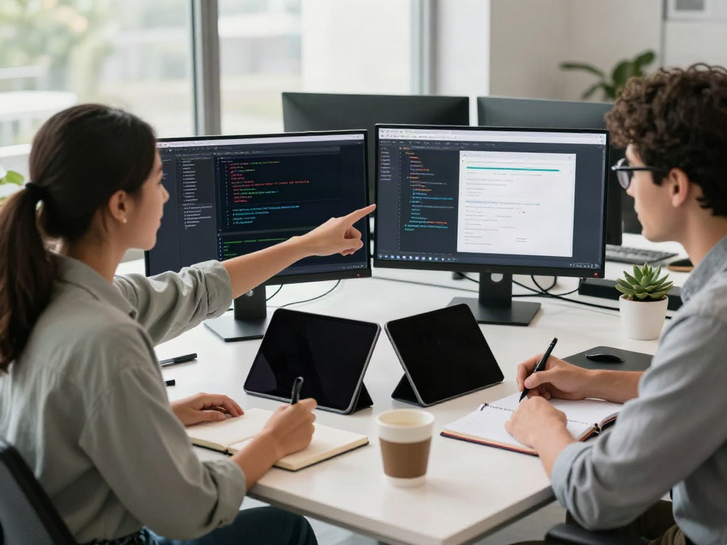 Developers engaged in instant indexing project discussions at a modern tech office.