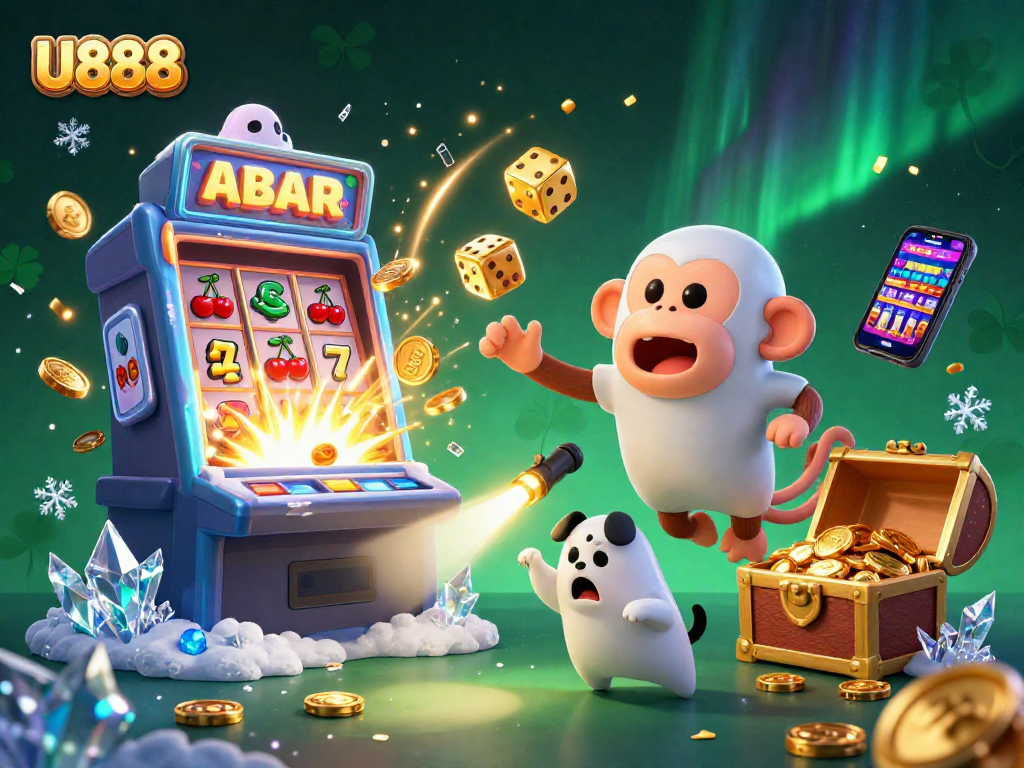 U888's lively casino scene showcases a playful poltergeist monkey juggling gold while a ghost-hunter puppy tracks it.