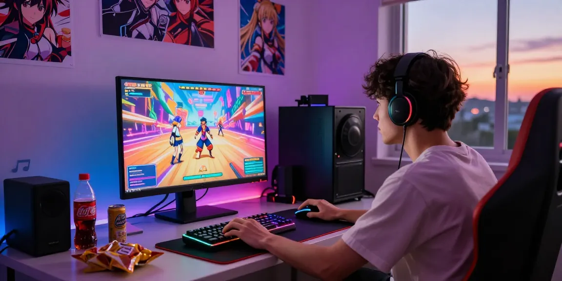 Player immersed in a colorful hentai game, surrounded by snacks and anime decor.