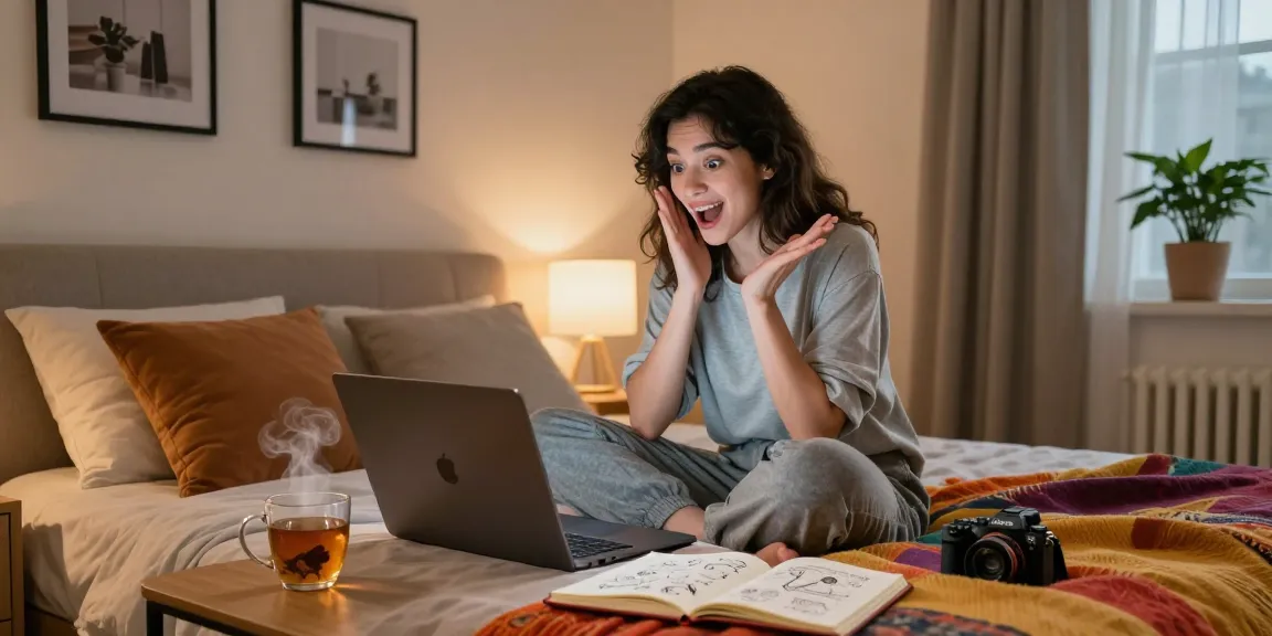 Engaging woman interacting with ecchi AI chat in cozy bedroom