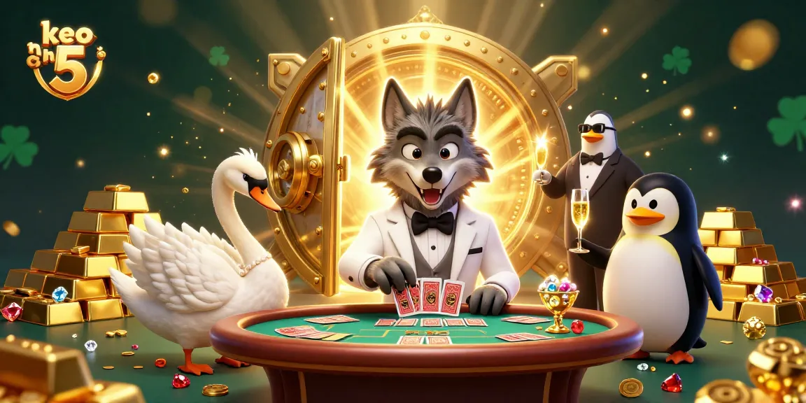 Bet on keo nha cai 5 with a vibrant cartoon scene showcasing a wolf, swan, and penguin at a casino table.