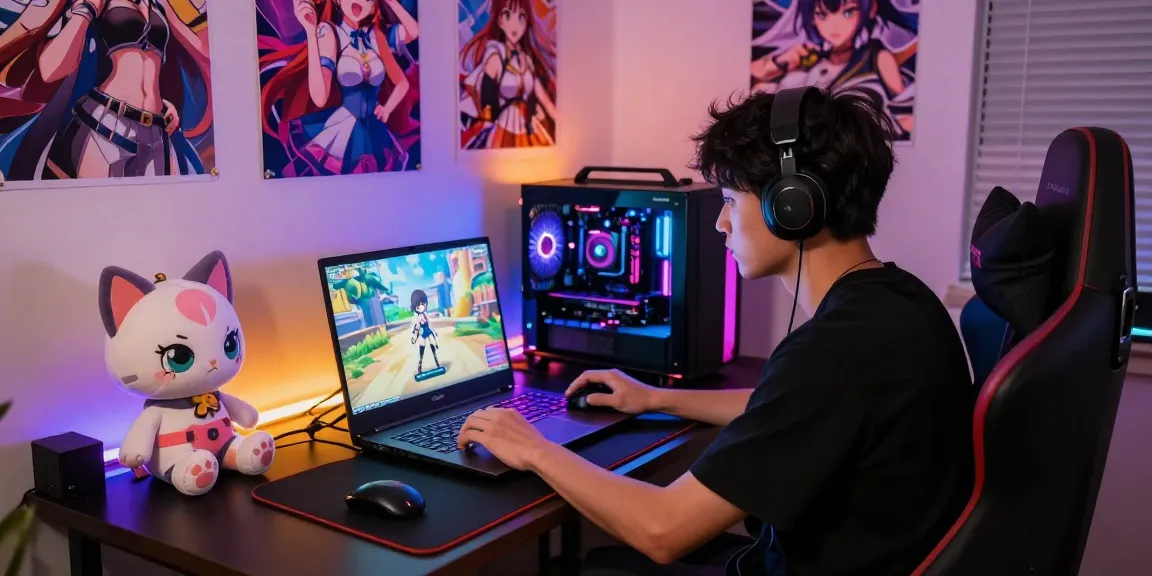 Gamer enjoying ecchi games in a vibrant gaming setup with anime décor