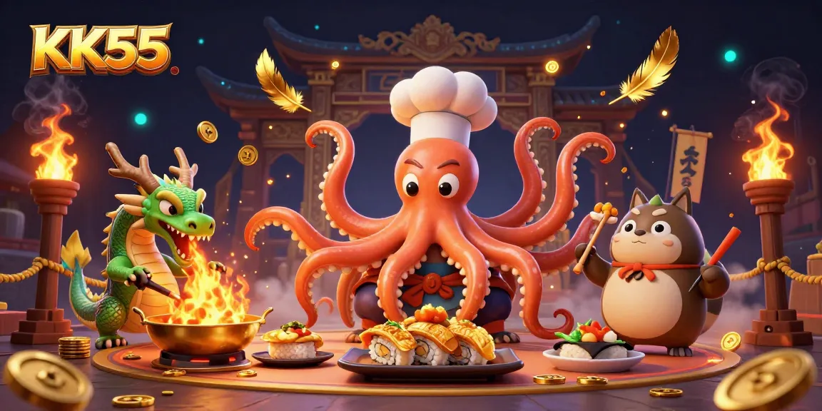 KK55 showcases exciting gaming with a vibrant octopus chef, dragon, and dynamic casino-themed elements.