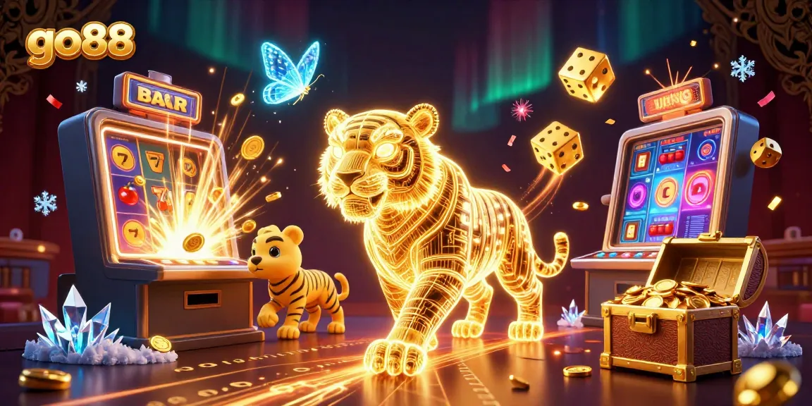 Experience go88 with a vibrant explosion of casino-themed characters and elements in a digital landscape.