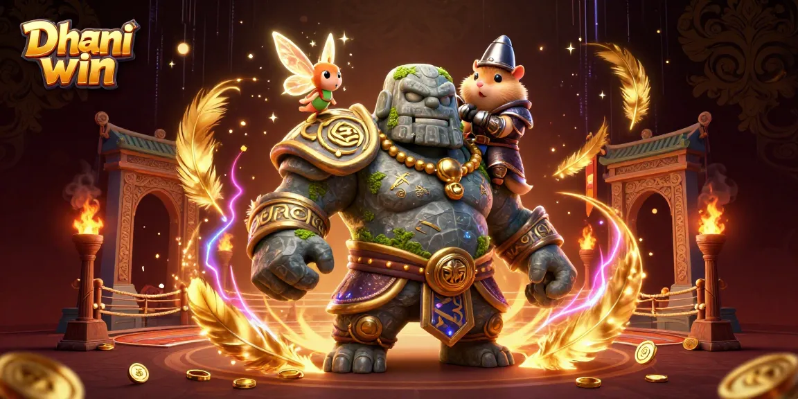 Dhani win offers thrilling gameplay with a stone golem guardian and magical elements in this vibrant casino scene.