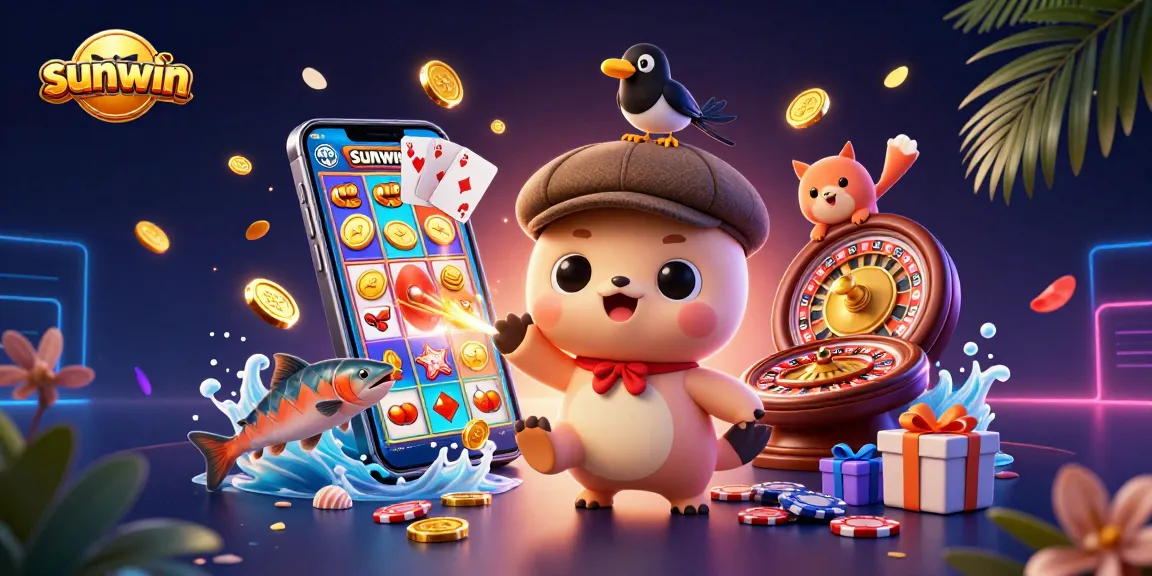 Experience thrilling gameplay at Sunwin with an exciting casino illustration full of vibrant characters and elements.